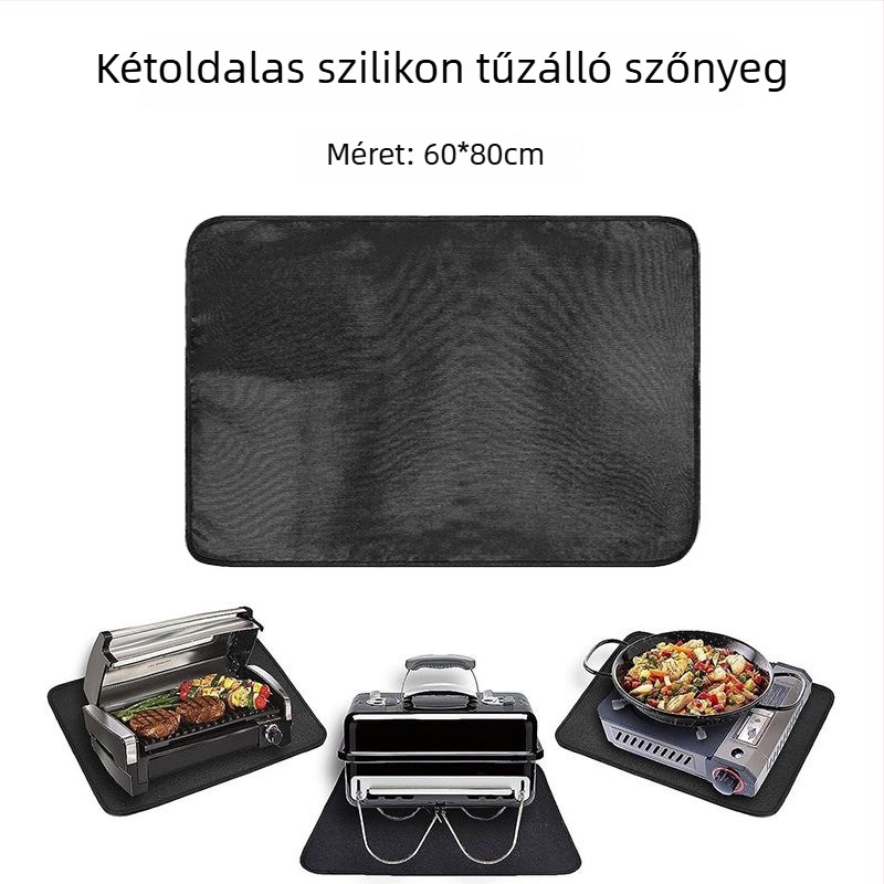 Kültéri tűzálló szőnyeg grillsütőhöz, kétoldalas szilikon‑üvegszálas felület, magas hőmérséklet-állóság, hőszigetelés, lángálló, foltálló padlóvédő