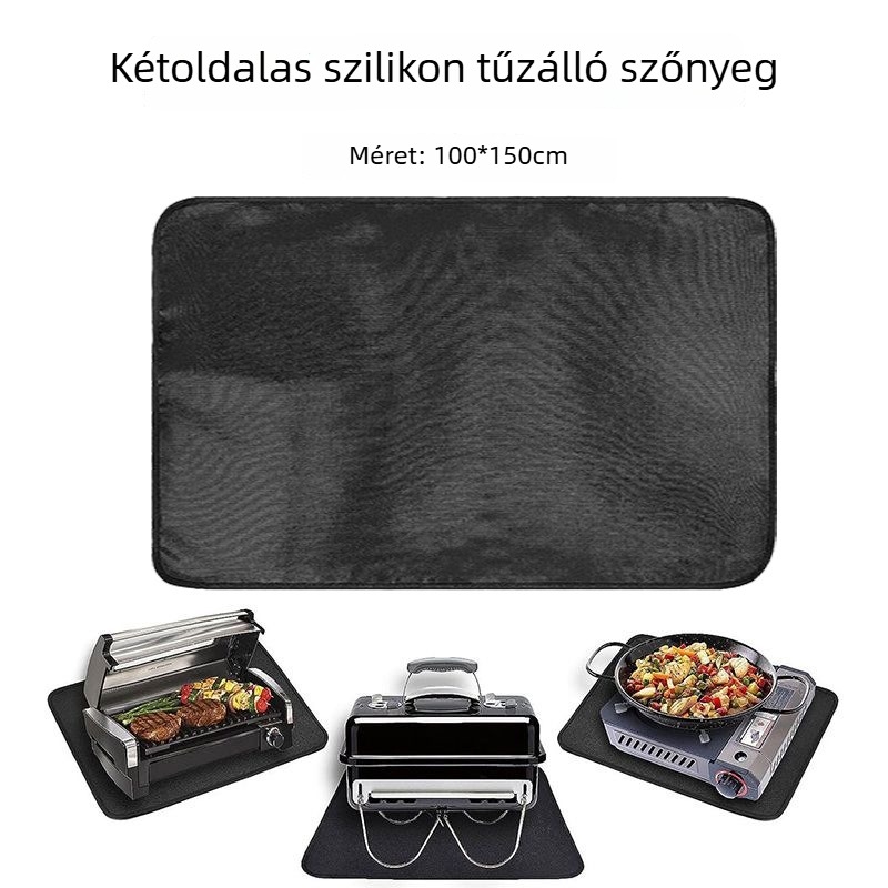 Kültéri tűzálló szőnyeg grillsütőhöz, kétoldalas szilikon‑üvegszálas felület, magas hőmérséklet-állóság, hőszigetelés, lángálló, foltálló padlóvédő