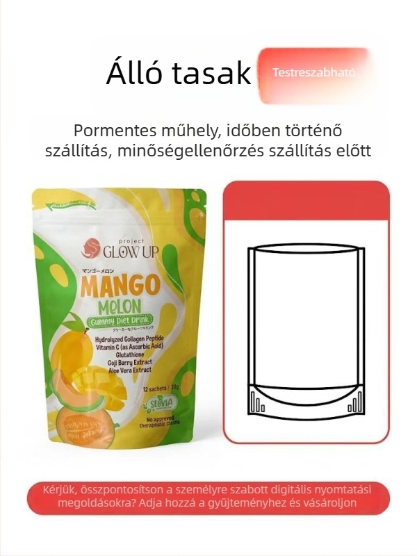 Személyre szabott vízálló csomagolózacskó alumíniumfóliával, stand-up kivitel, nyolcszögű záródással – tea, kávé és snackek számára