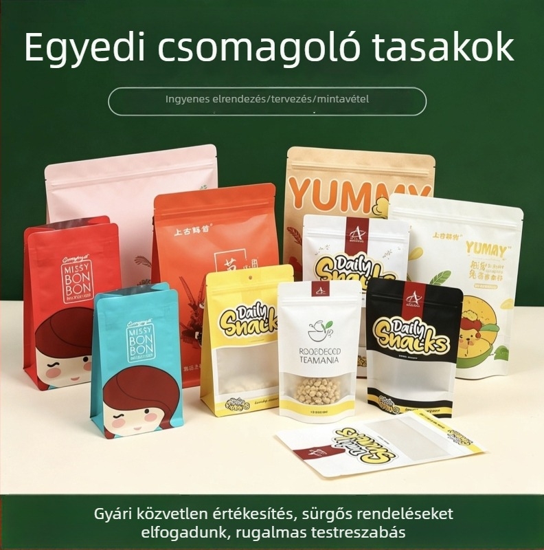 Személyre szabott vízálló csomagolózacskó alumíniumfóliával, stand-up kivitel, nyolcszögű záródással – tea, kávé és snackek számára