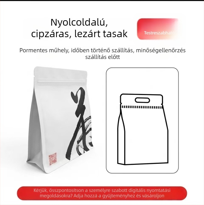 Személyre szabott vízálló csomagolózacskó alumíniumfóliával, stand-up kivitel, nyolcszögű záródással – tea, kávé és snackek számára