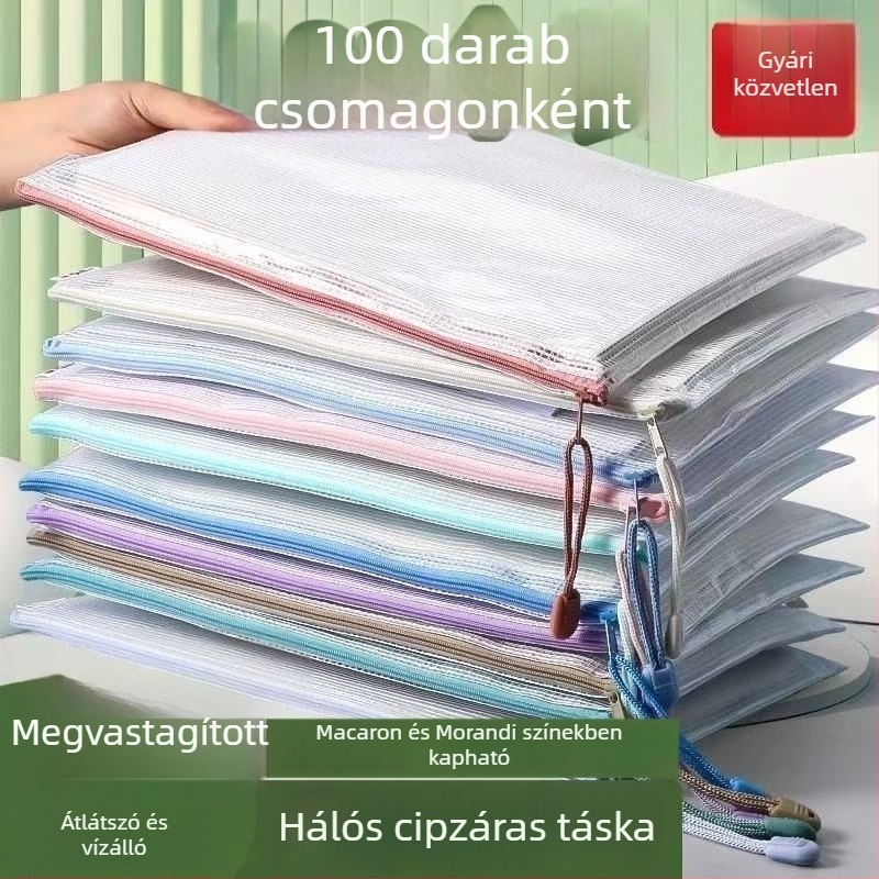 Sűrített A4-es hálós irattartó táska átlátszó cipzárral, diák archívum és irodai kellékek, vizsgadolgozatok tárolására, vízálló dokumentumtáska