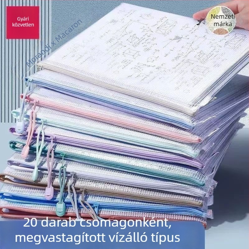 Sűrített A4-es hálós irattartó táska átlátszó cipzárral, diák archívum és irodai kellékek, vizsgadolgozatok tárolására, vízálló dokumentumtáska