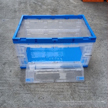Műanyag összecsukható tárolóedény, átlátszó testtel és nyitható ajtóval