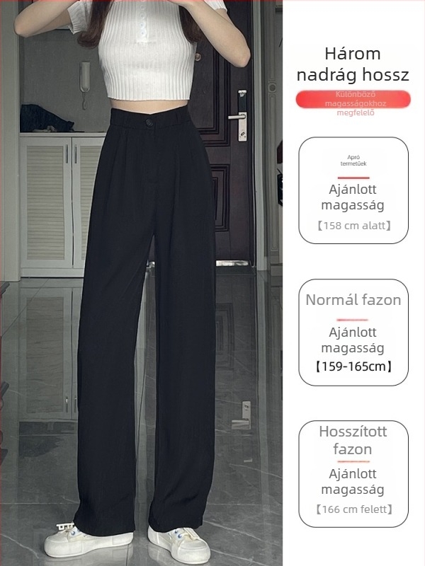 Női széles lábú nadrág magas derekú, elegáns esésű, fekete, koreai ihletésű casual stílus kis méretű nőknek