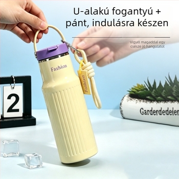 316 rozsdamentes acélból készült, hőszigetelt pohár, nagy kapacitású, hordozható szívószállal, irodai kávés pohár függőleges textúrával.