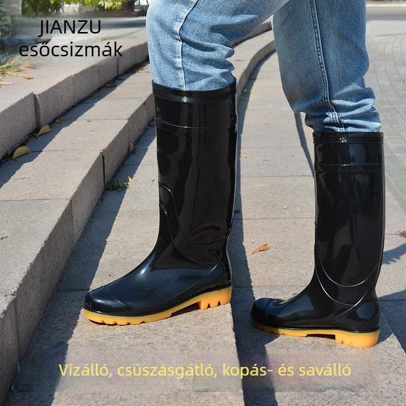 Férfiaknak fekete magas szárú PVC esőcsizma — vízálló, csúszásmentes, kopásálló, munkavédelmi lábbeli építkezéshez