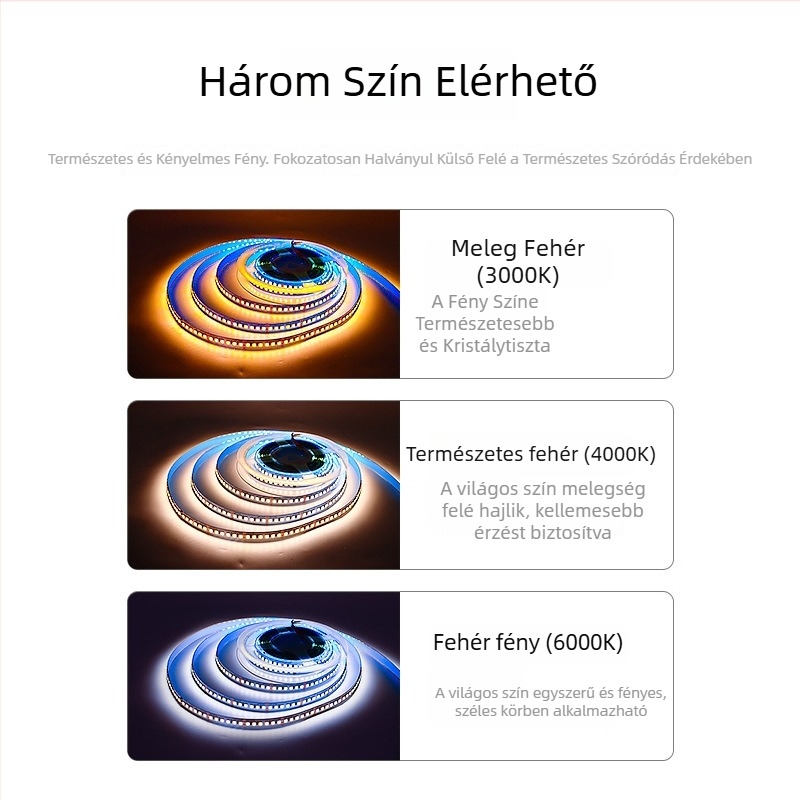 LED-szalag kettőfokos színhőmérséklettel és intelligens fényerő-szabályozással, 120/180 LED, 12/24V DC, réz tartók (5mm/8mm)