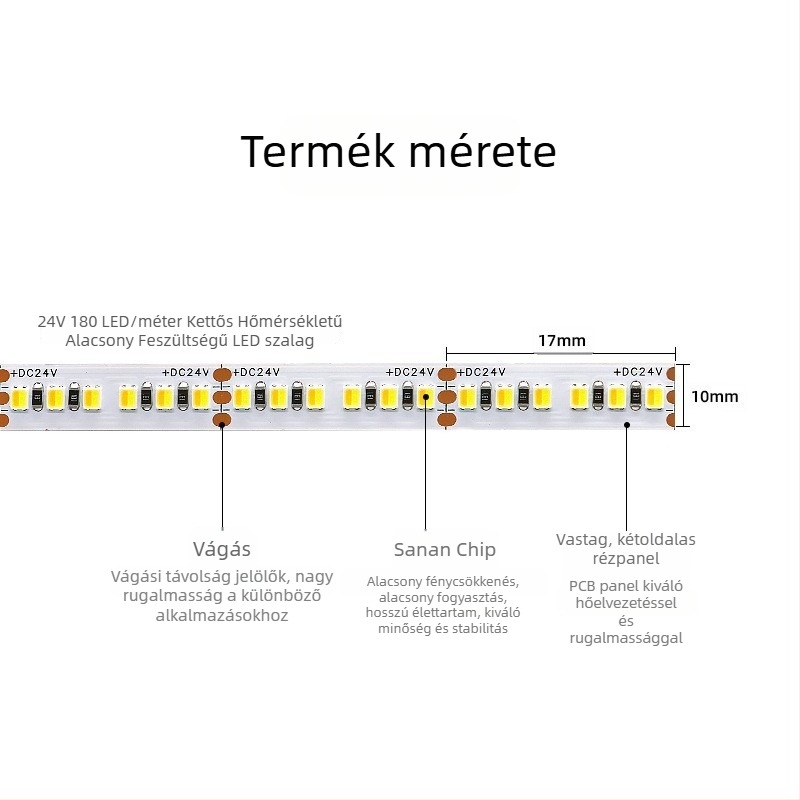 LED-szalag kettőfokos színhőmérséklettel és intelligens fényerő-szabályozással, 120/180 LED, 12/24V DC, réz tartók (5mm/8mm)