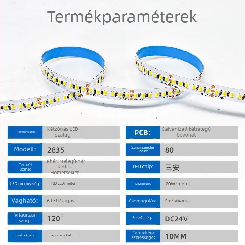 LED-szalag kettőfokos színhőmérséklettel és intelligens fényerő-szabályozással, 120/180 LED, 12/24V DC, réz tartók (5mm/8mm)