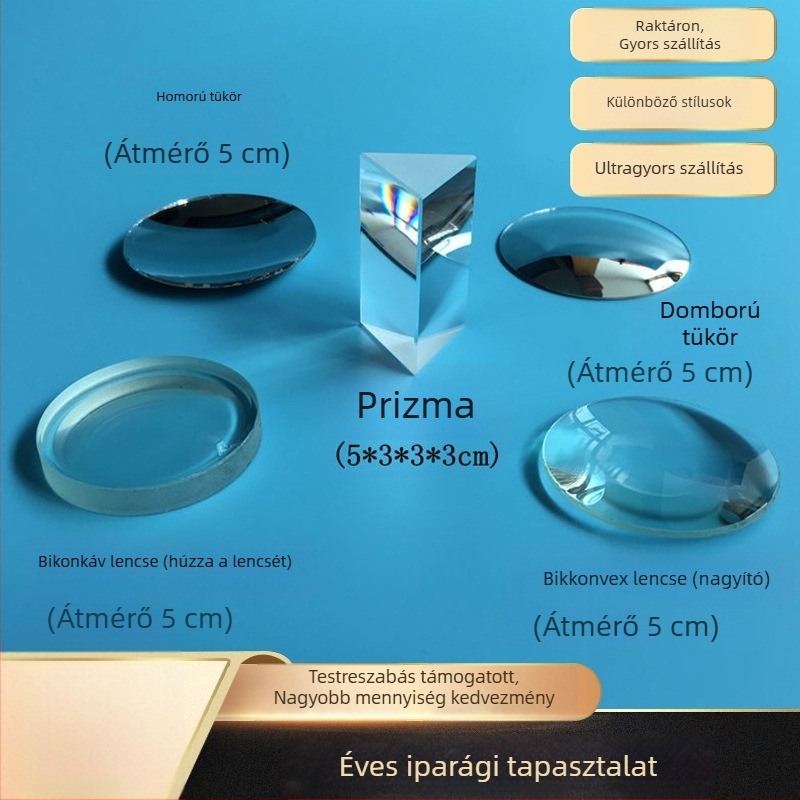 Öt részből álló optikai készlet gyermekek számára: konvex tükör, háromszögű prisma, konkáv tükör, konkáv lencse és konvex lencse