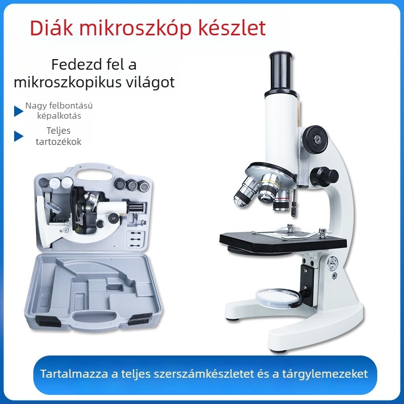HD optikás biológiai mikroszkóp, nagyítások 1000x, 640x és 1600x, tudományos kísérletekhez és oktatáshoz