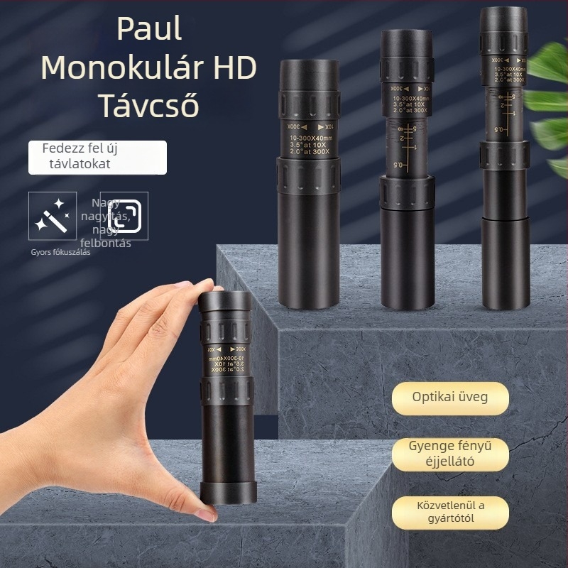 Monokuláris teleszkóp, 10–300x zoom, 40 mm objektív, hordozható kültéri HD telefonos fotózáshoz
