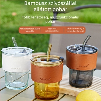 Üvegpohár bambuszszegmensek dizájnjával, szívószállal, dupla italtartó pohár, ajándékhoz ideális