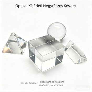 Optikai kísérletkészlet konkáv és konvex lencsékkel, kristálykockákkal, fénygömbökkel és prizmákkal