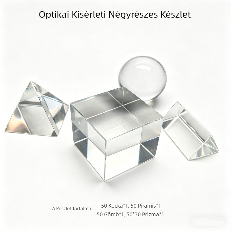 Optikai kísérletkészlet konkáv és konvex lencsékkel, kristálykockákkal, fénygömbökkel és prizmákkal