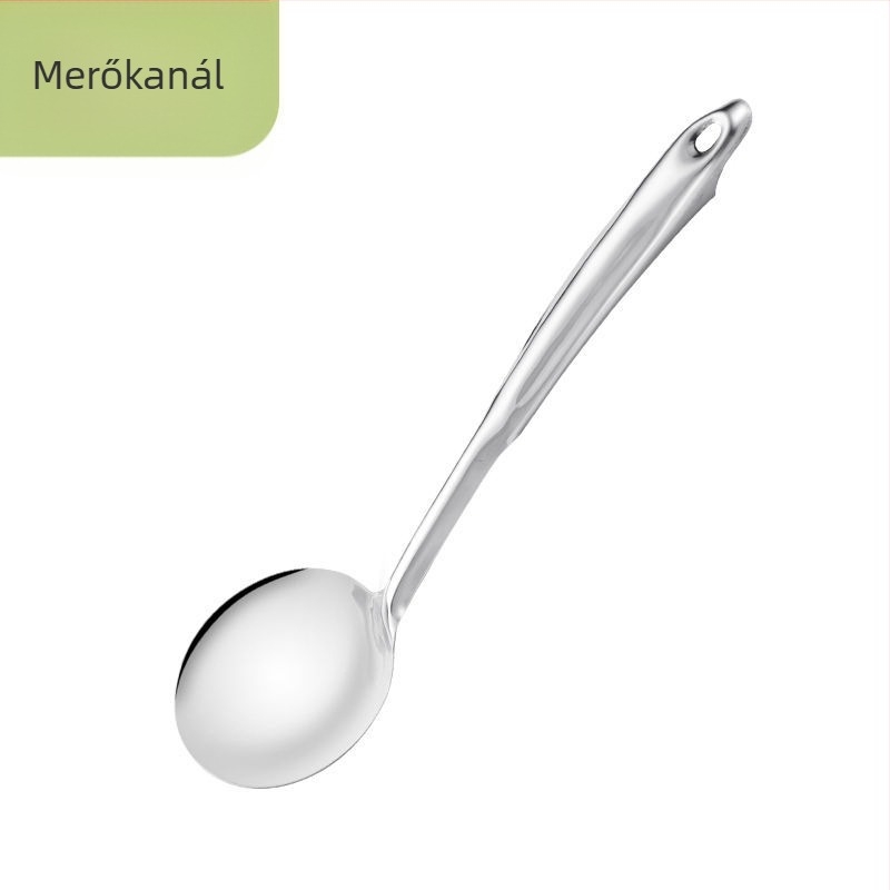 Rozsdamentes acélból készült konyhai eszközök készlet: spatula, leveses kanál, lyukas kanál, szűrőkanál, kása-kanál