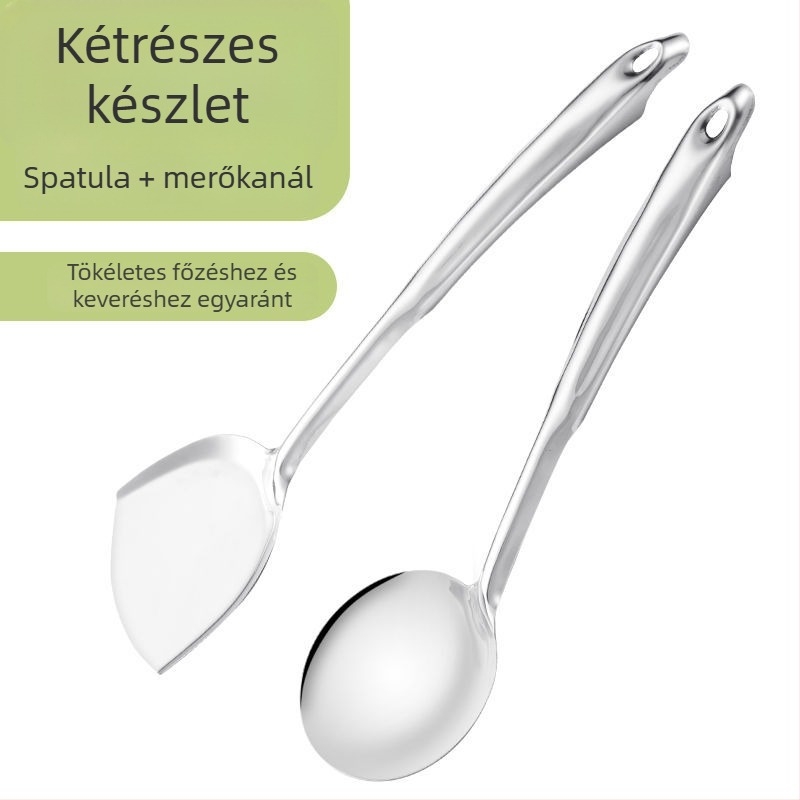 Rozsdamentes acélból készült konyhai eszközök készlet: spatula, leveses kanál, lyukas kanál, szűrőkanál, kása-kanál