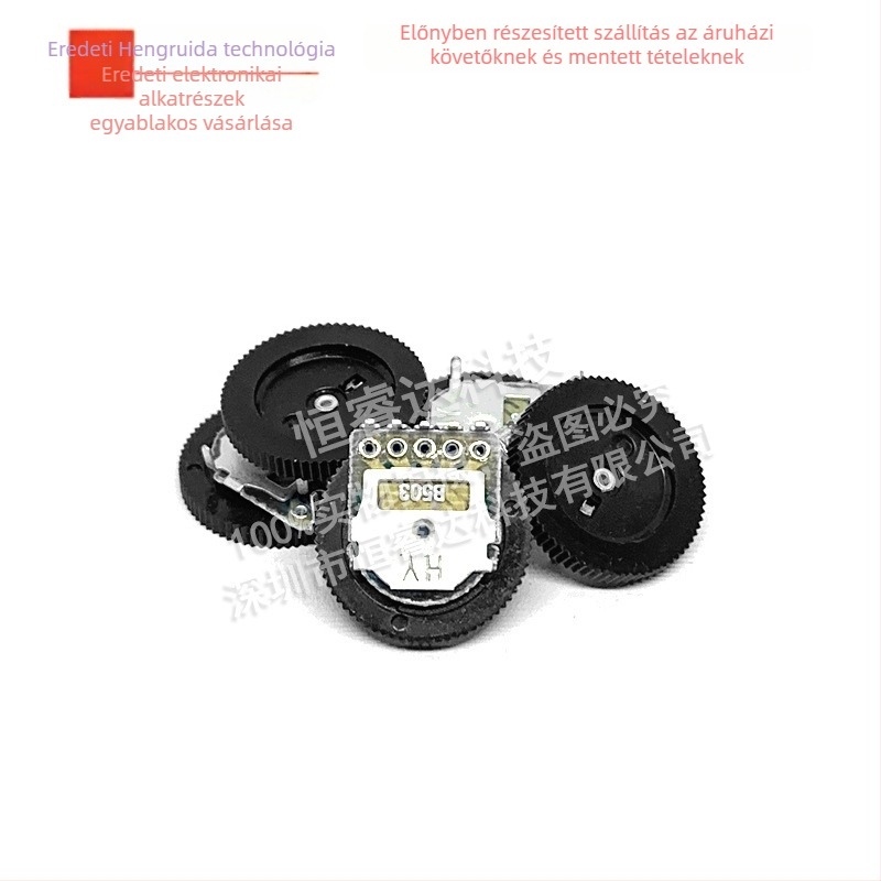Kétsoros forgópotenciométer kapcsolóval, tengely 14×1 mm, B102 1K, fogas potenciométer hangoláshoz