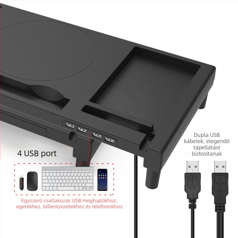 KM01 ABS Monitoremelő és Tároló, USB-töltés, Laptop Emelős tartó, Méretek 52.5×23×7.5 cm