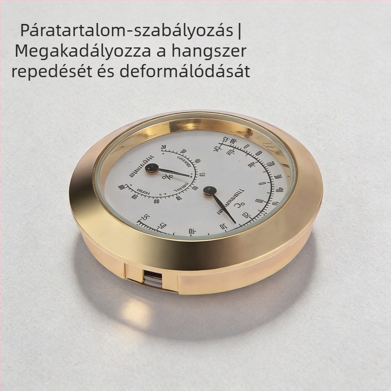 Hegedűhigrométer, hőmérséklet- és páratartalom mérő, rozsdamentes acél ház, német mozgás, arany szín