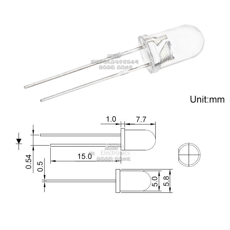5 mm zöld LED egyenes lábakkal, kerek fej, rövid lábak, F5 smaragdzöld fény