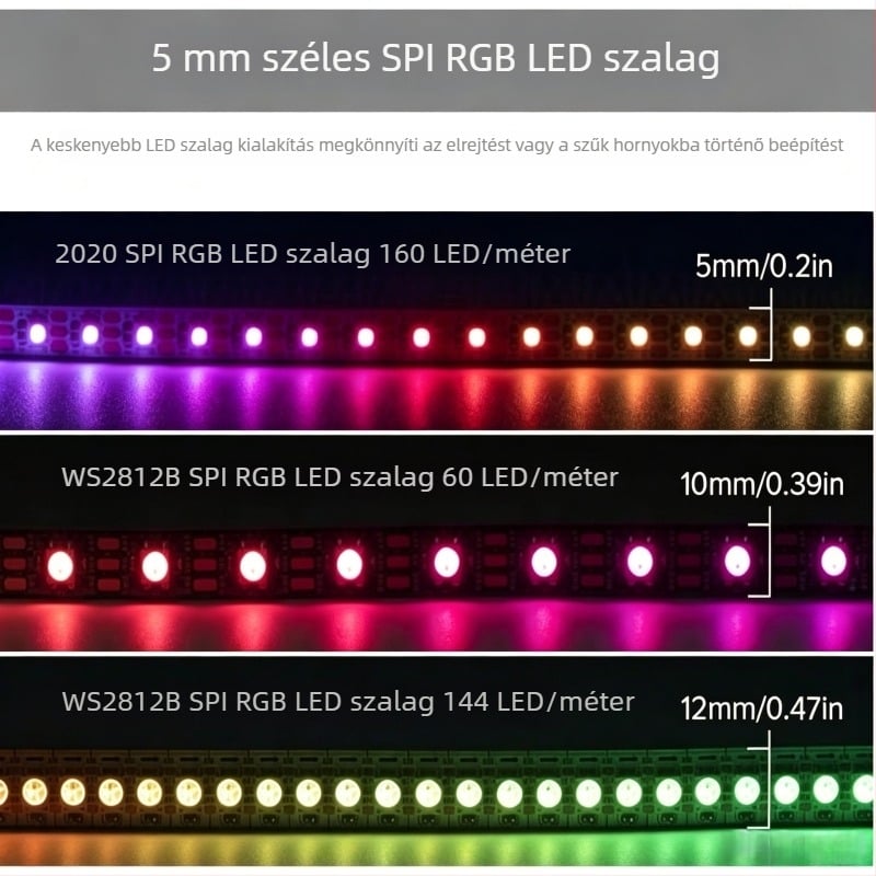 2,6 mm ultra vékony RGB LED-szalag 0807 WS2812B, 5V, 160 LED-darab, autó belső ambient világítás