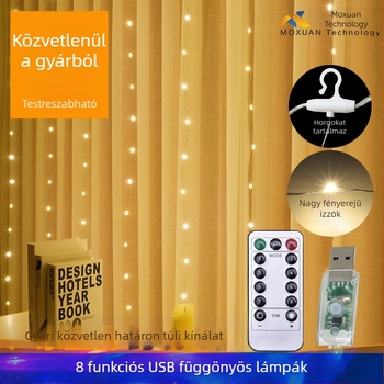 USB-s távirányítós rézdrót LED függönyfények, 300 LED, beltéri ünnepi dekoráció