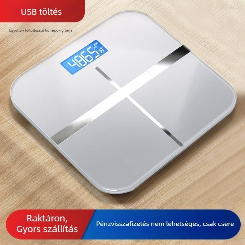 Okos otthoni elektronikus mérleg USB-töltő, szobahőmérséklet-mérés, testzsír mérleg felnőtteknek