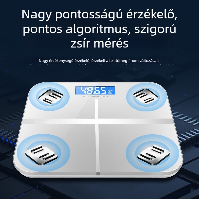 Okos otthoni elektronikus mérleg USB-töltő, szobahőmérséklet-mérés, testzsír mérleg felnőtteknek