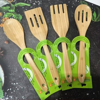 Bambuszból készült, tapadásmentes konyhai edények készlet: kanál, spatula, merőkanál és kaparó