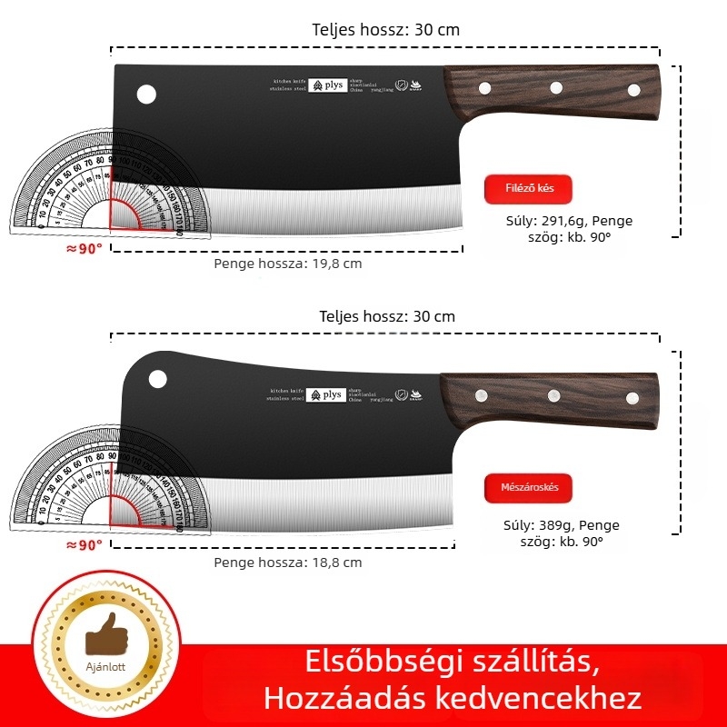 Rozsdamentes acélból készült konyhai kés, éles a hús és a zöldségek szeleteléséhez, szakácskés