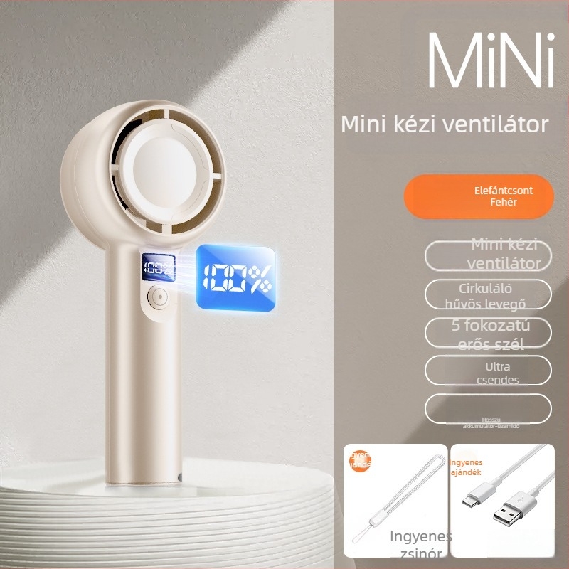 Kézben tartható USB töltő ventilátor, mini, 5 fokozat, digitális kijelző, csendes