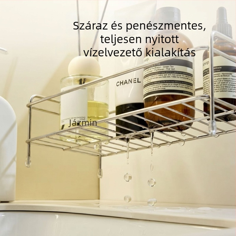 Fürdőszobai mosdópolc rozsdamentes acél felülettel, kozmetikumok és bőrápolási termékek számára