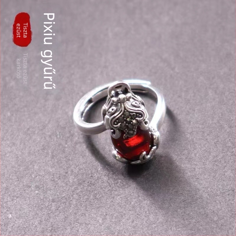 S925 ezüst garnet Pixiu gyűrű, retro stílusú, uniszex, nyitható és állítható
