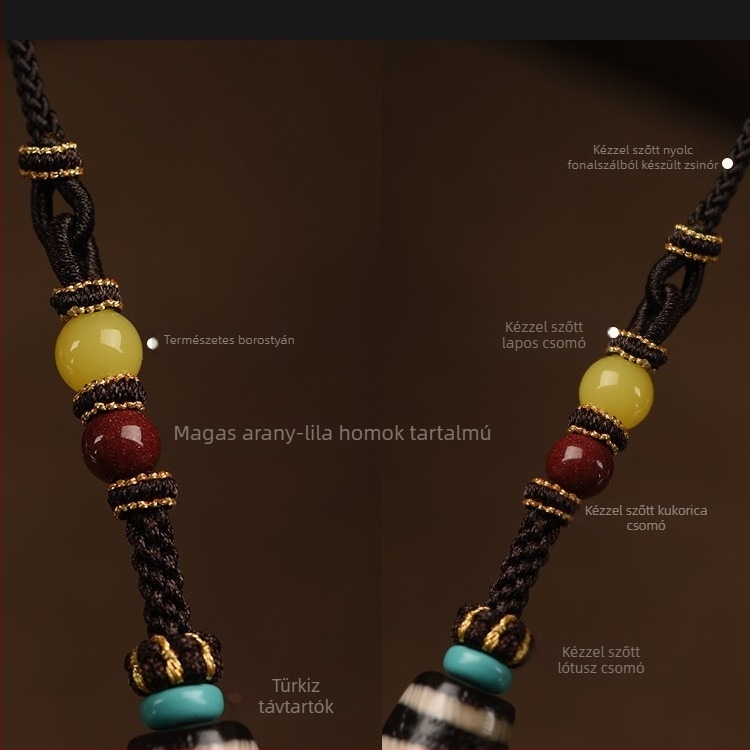 Uniszex nyaklánc agatból kilenc szemű Dzi gyöngyökkel, tibeti stílusú medállal