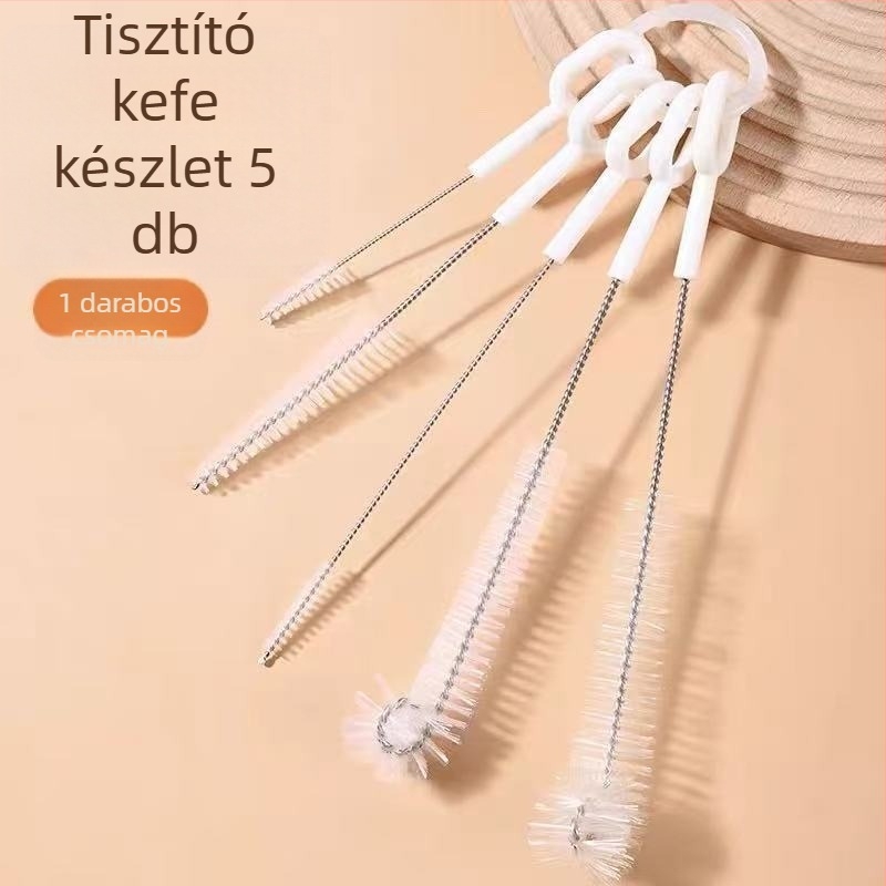 5 részes tisztítóecset készlet: szívószálhoz, pohárhoz, résekhez, teáskanna és bögrék nyílásaihoz, 360°-os forgó fej