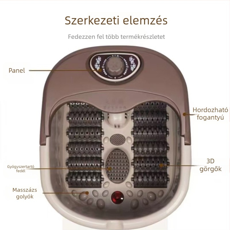 Teljesen automata lábfürdőmedence fűtéssel és masszázzsal, állandó hőmérséklet, infravörös sterilizálás és habmasszázs, 3-8 literes kapacitás, 20-30 cm mély belső rész, mozgó görgők