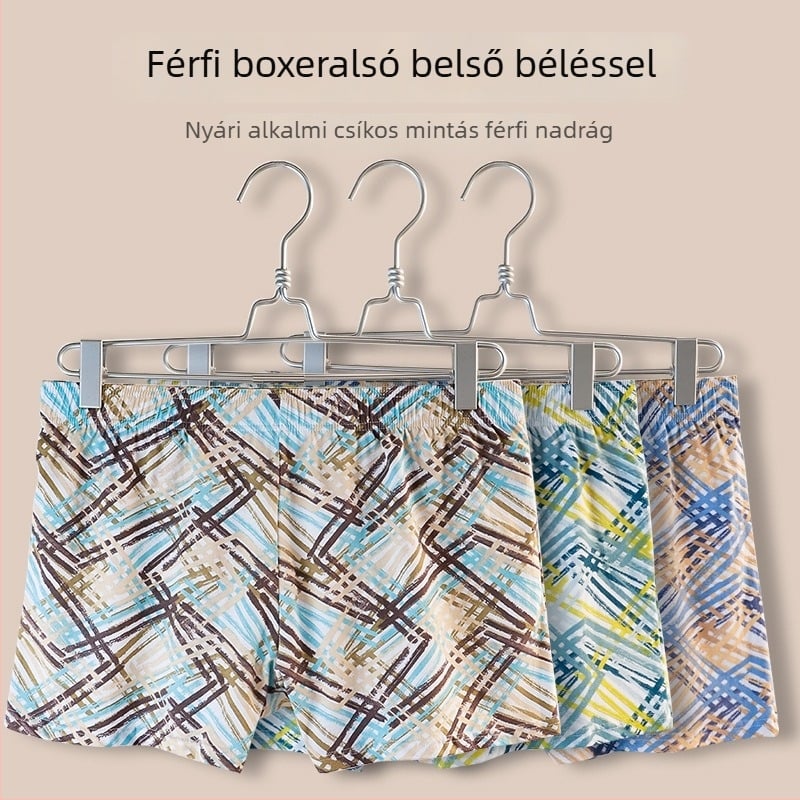 Férfi pamut, mintás, laza casual rövidnadrág beépített ágyéktámasz betéttel, otthoni viselethez.