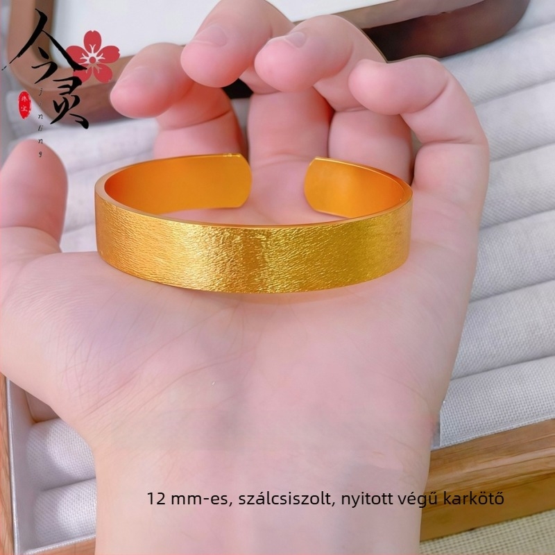 Aranyszínű kefés felületű széles nyitott karkötő egyedi karakterrel, divatos, vintage, egyszerű és sokoldalú