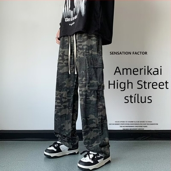 Férfi amerikai stílusú kamuflázs denim nadrág, laza szabású, egyenes szárú, nagy méret, széles sportnadrág, divatos mindennapi viselet