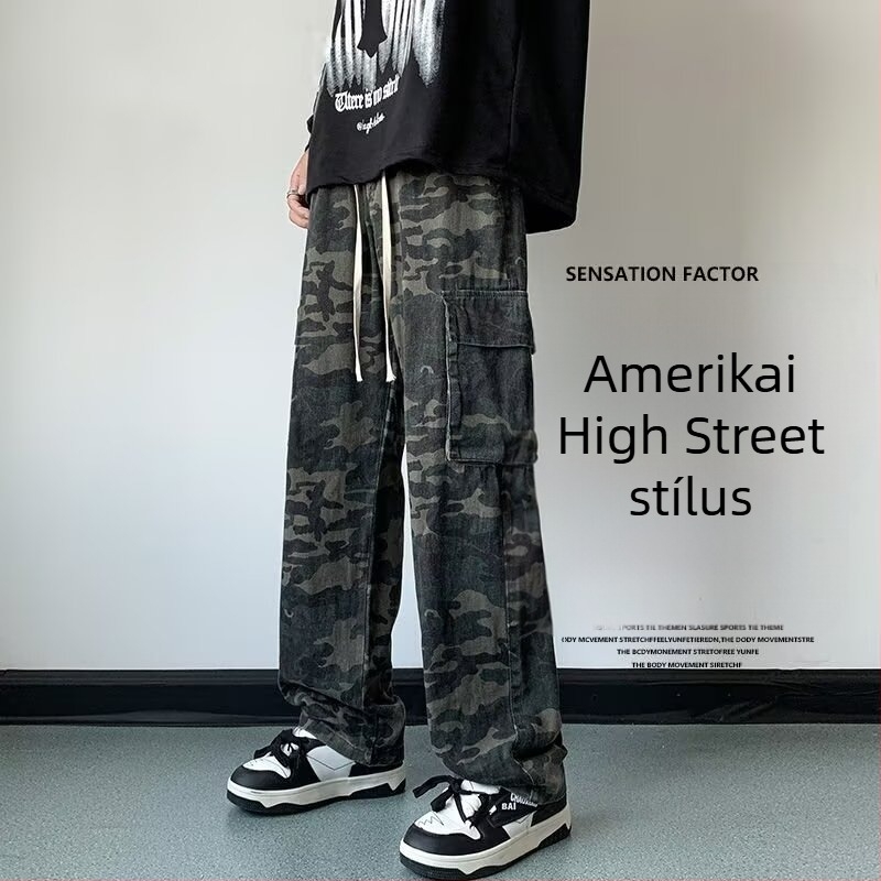 Férfi amerikai stílusú kamuflázs denim nadrág, laza szabású, egyenes szárú, nagy méret, széles sportnadrág, divatos mindennapi viselet