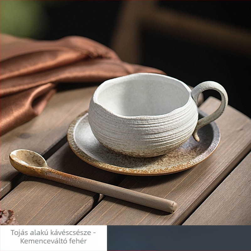 Kerámia retro kávéscsésze és alátét készlet kemencés glazúrral, latte art-hoz alkalmas bögre, stílusos kinézet.