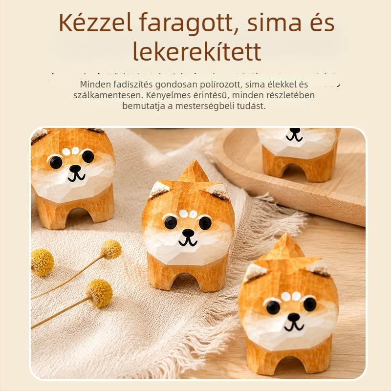 Kézzel készített fa figurka – aranyos chibi-stílusú kis állat dekor az asztalra