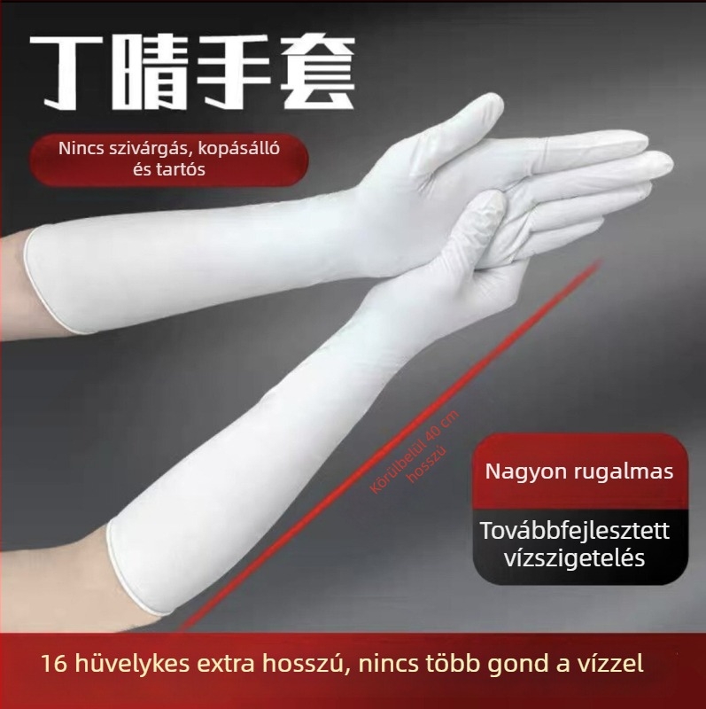 Extrahosszú egyszer használatos nitril kesztyűk, 16 hüvelyk, élelmiszer‑biztonsági, megvastagodott, konyhai mosogatáshoz, vízálló