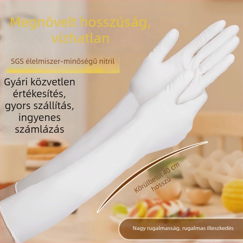 Extrahosszú egyszer használatos nitril kesztyűk, 16 hüvelyk, élelmiszer‑biztonsági, megvastagodott, konyhai mosogatáshoz, vízálló