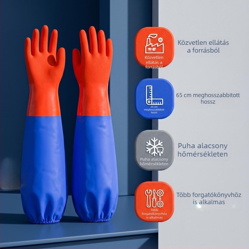 65 cm hosszú, Ipari gumiból készült mosogatós kesztyűk, alacsony hőmérsékleten is rugalmasak, OEM testre szabható