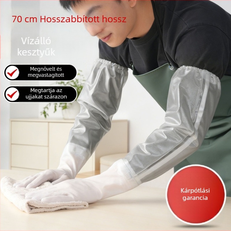 Kiterjesztett hosszú, vastag és tartós háztartási kesztyű mosáshoz, konyhához és mosogatáshoz; nyáron vízálló PVC tisztító kesztyű