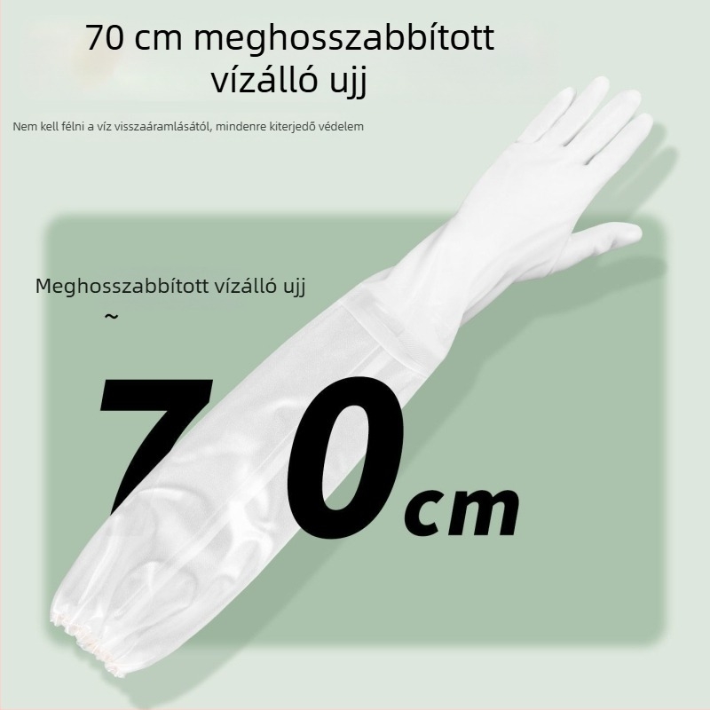Kiterjesztett hosszú, vastag és tartós háztartási kesztyű mosáshoz, konyhához és mosogatáshoz; nyáron vízálló PVC tisztító kesztyű