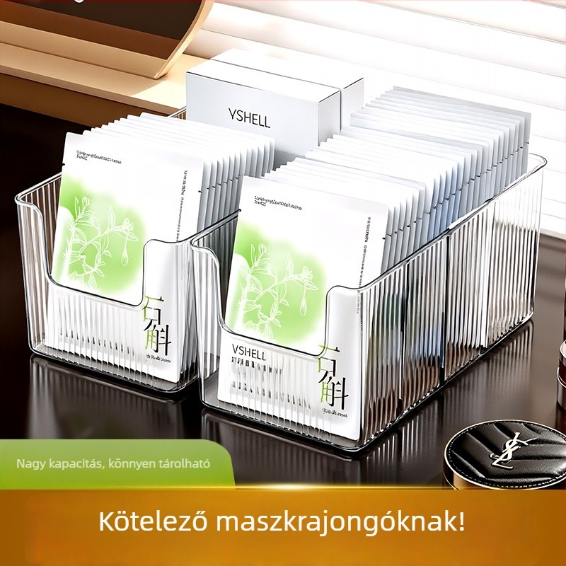 Nagy kapacitású maszk-tároló átlátszó PET rekeszekkel, sminkasztalhoz való rendező és bőrápolási termékek tárolója